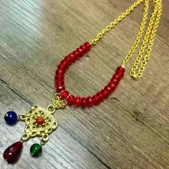 Long Gold Tone Chain Necklace with Red Beads and Pendant with Bead Accents - Picture 4 of 4